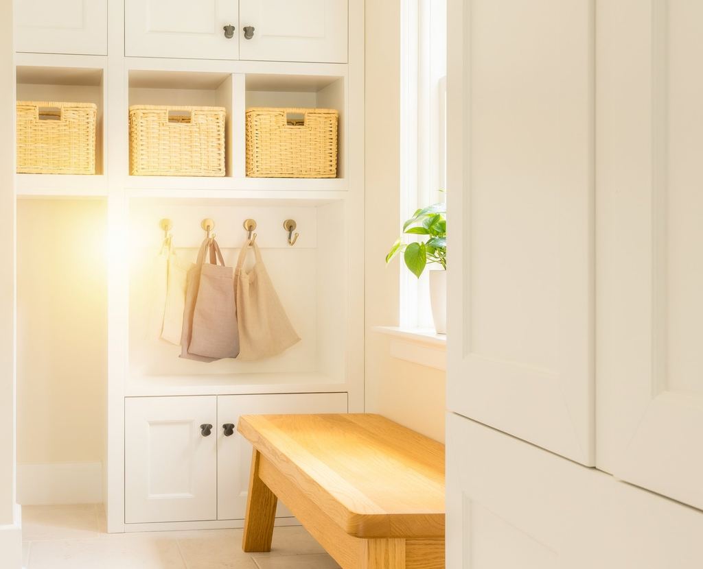 Bright entryway with built-in white cabinetry, woven baskets in open cubbies, canvas totes on brass hooks and a light oak bench in natural light