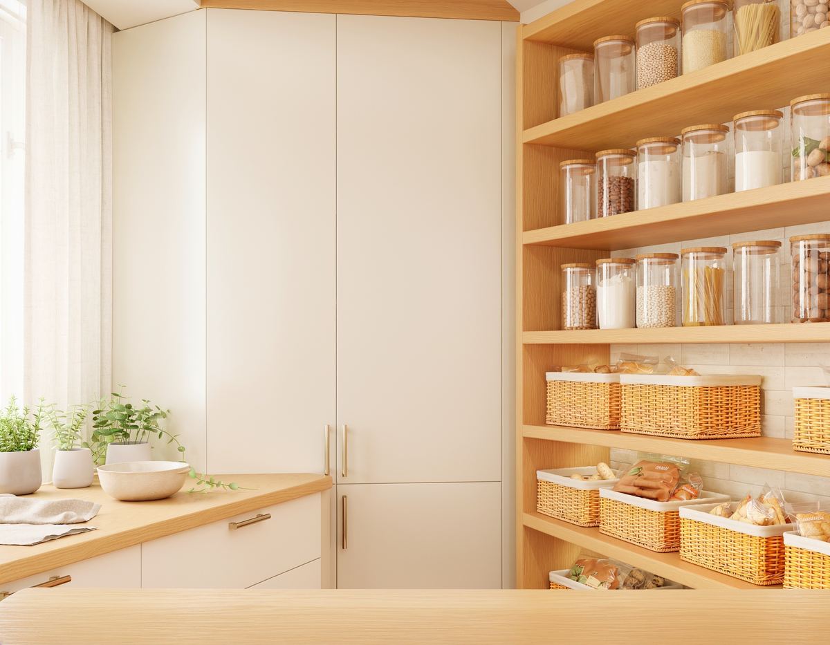 Pantry with matching glass canisters on oak shelves and lined wicker baskets below