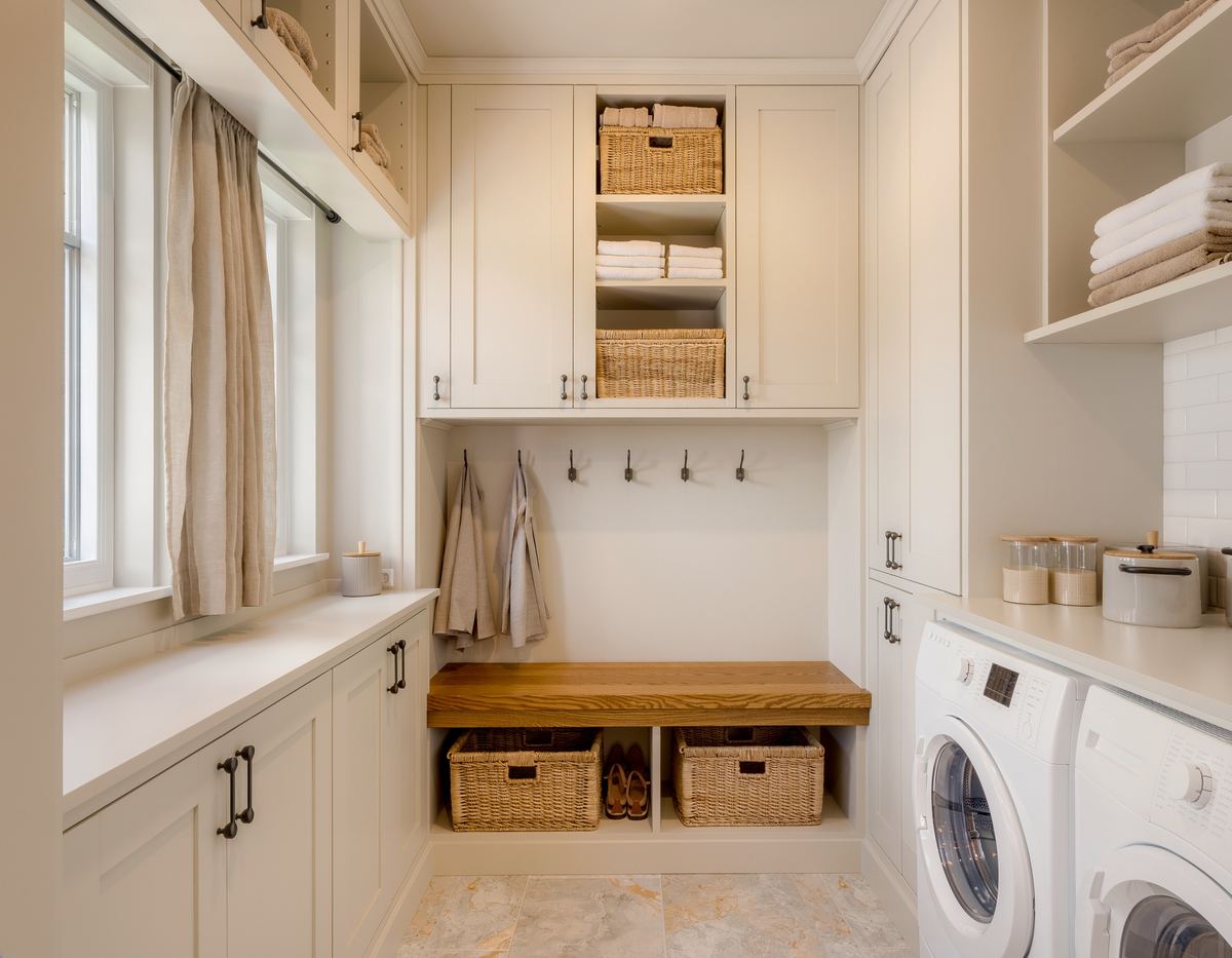 Laundry mudroom with cream cabinets, a wood bench over wicker baskets, wall hooks and a washer and dryer
