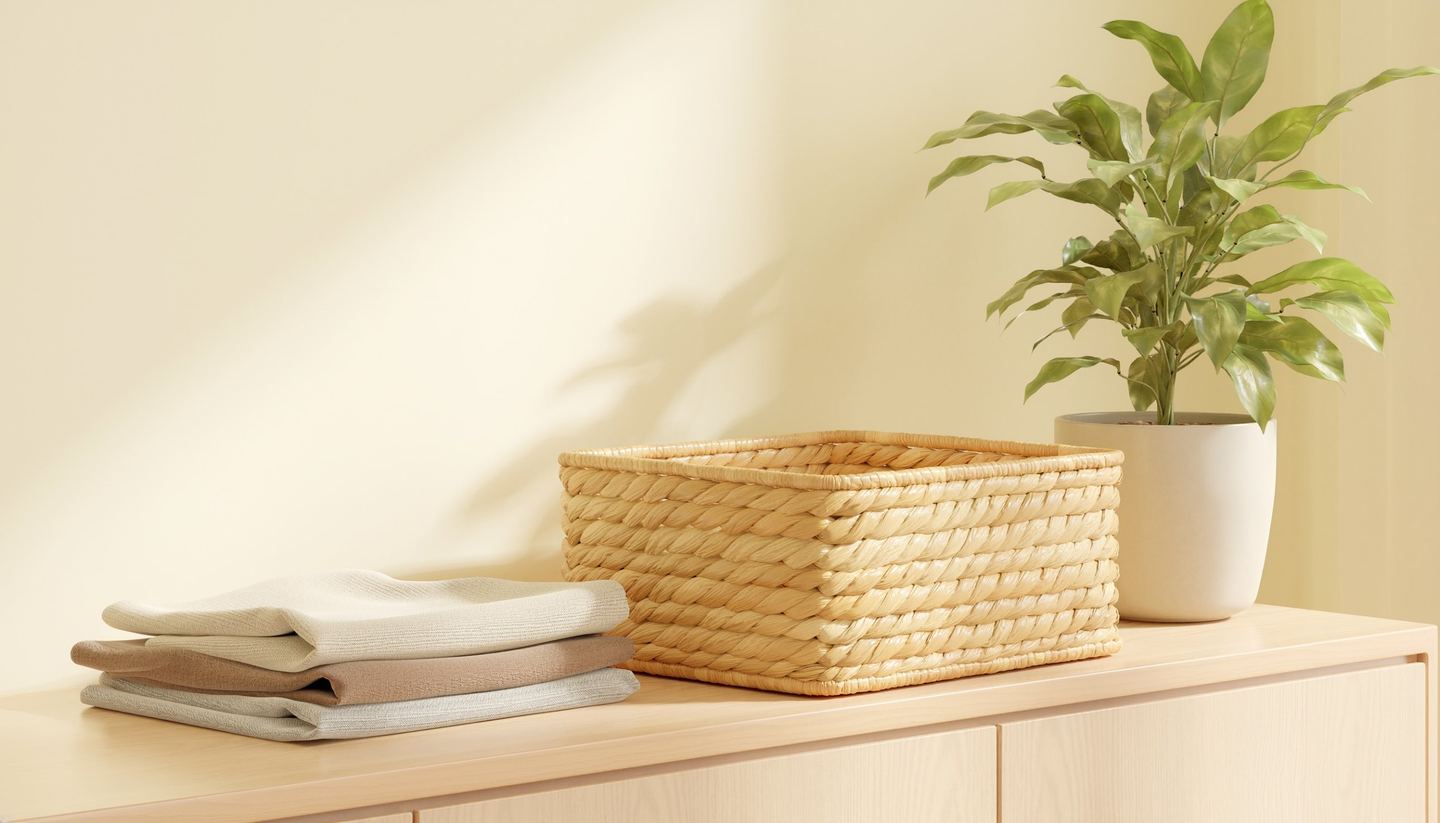 Folded linens and a woven basket beside a potted plant on a light wood sideboard